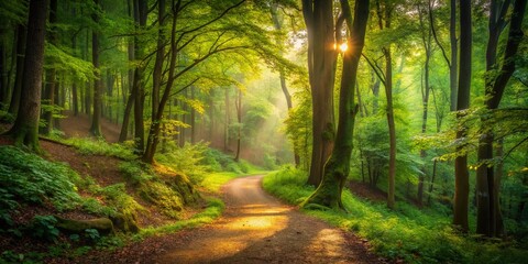 Fototapeta premium Enchanted Small Path in a Lush Forest During Late Summer with Soft, Diffused Light Creating a Mystical Atmosphere for Nature Lovers and Enthusiasts