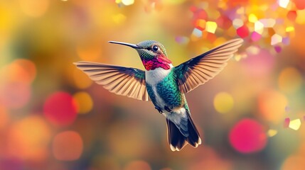 Naklejka premium A vibrant hummingbird in flight against a blurred background of colorful bokeh.