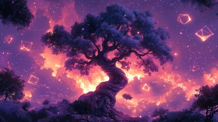 Fototapeta premium A large, twisted tree with glowing geometric shapes floating in the sky at dusk.