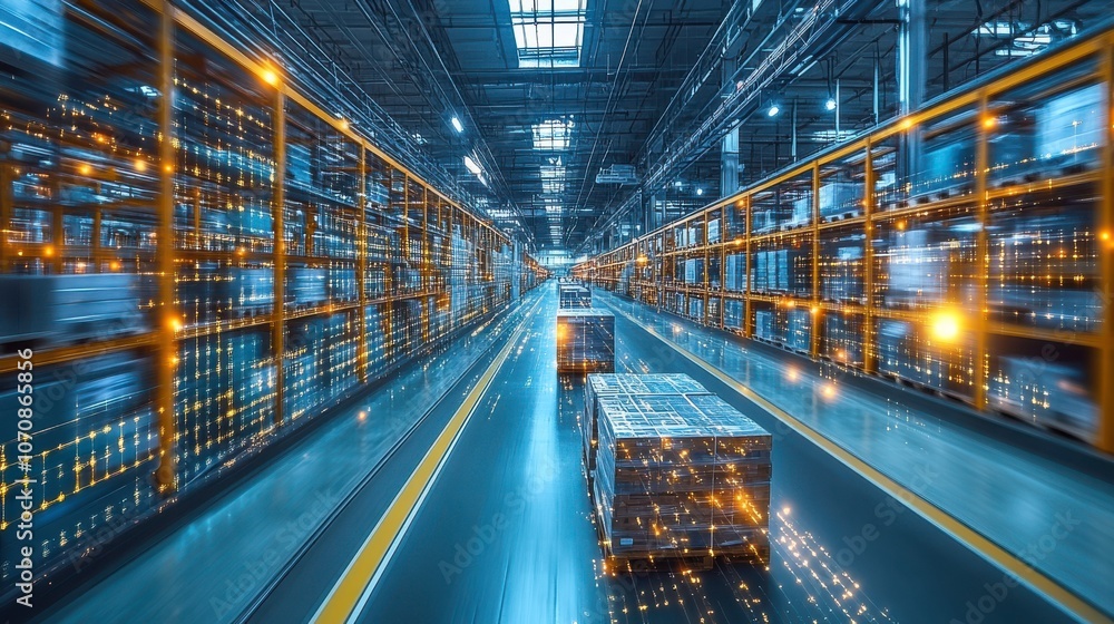 Poster dynamic indoor warehouse with crates in motion