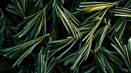 Fototapeta premium A close-up view of pine needles covered in frost, each needle detailed with a soft, cold sparkle, creating a rich winter forest texture