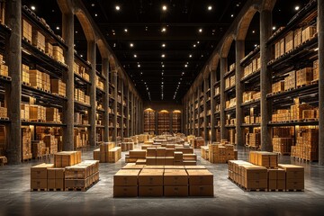 Cardboard Boxes Stacked High in a Modern Warehouse with Concrete Pillars