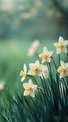 Obraz premium Daffodils blooming in a serene green field during springtime in soft morning light