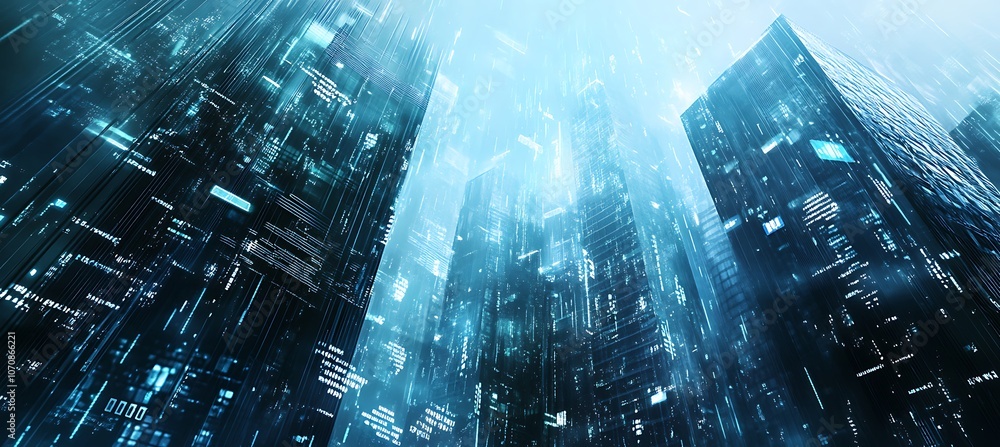 Aufkleber a futuristic cityscape with towering skyscrapers and digital overlays representing data flow and bus