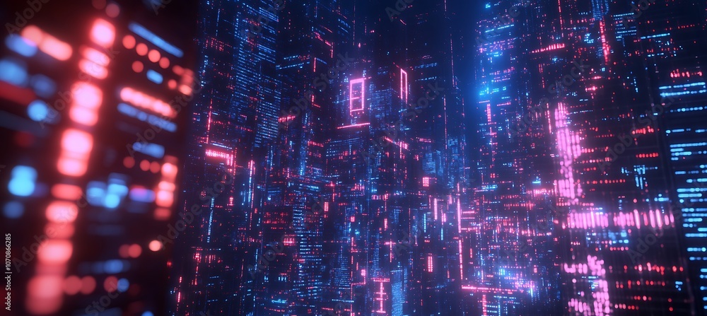 Poster a futuristic cityscape with towering skyscrapers and digital overlays representing data flow and bus