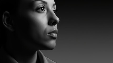 A close-up black and white portrait of a person with striking features captured in a high-end photo studio.
