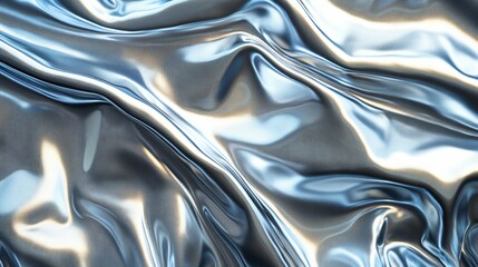 Silver shiny fabric with pleats. Fashionable draping elegant surface. Shiny wavy background. Delicate and elegant fabric. Illustration for cover, card, banner, poster, advertising or presentation