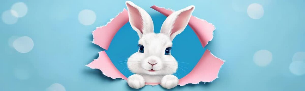 A white bunny with blue eyes peeks through a torn pink paper hole against a blue background. Copy space Easter website banner