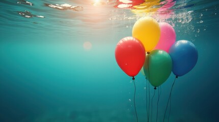 Fototapeta premium A vibrant underwater scene showing colorful balloons floating just beneath the water surface, reflecting the light.