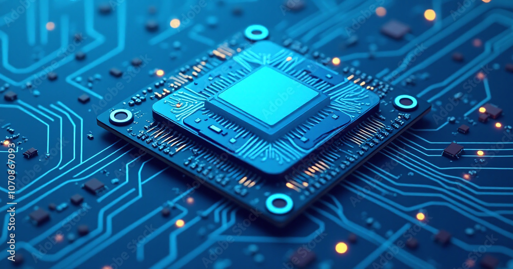 Aufkleber A computer motherboard with circuit boards and a light blue and navy background featuring an AI concept in flat vector style