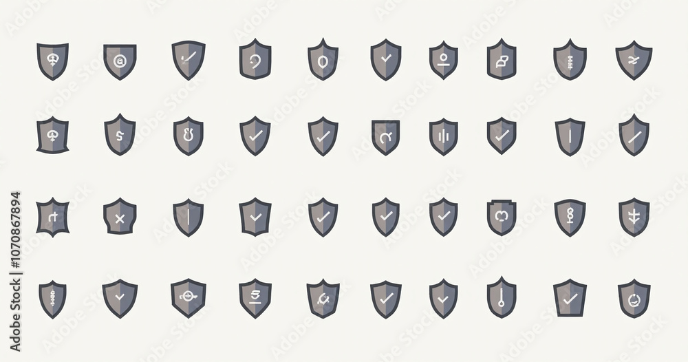Poster A diverse collection of 36 shield icons in various shapes and styles including pointed rounded and flat designs with different symbols