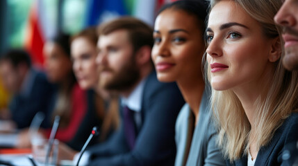 Obraz premium Diverse Business Meeting: Collaborative Decision-Making Among Professionals in a Modern Conference Setting