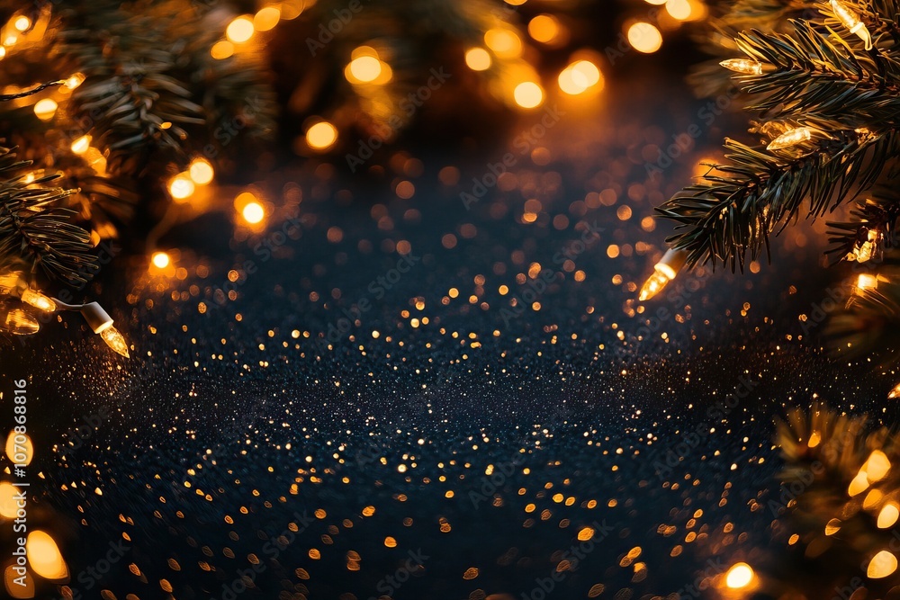 Poster a festive scene featuring shimmering golden lights and sparkles, framed by evergreen branches, creat