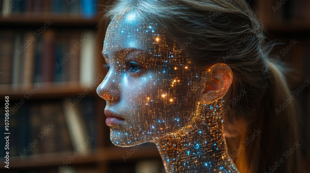 Poster holographic ai learning assistants projected inside a library during a study session at dusk