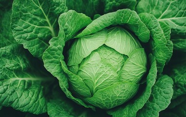Obraz premium A vibrant green cabbage with tightly layered leaves, showcasing its freshness and vivid color, set against a soft focus background.