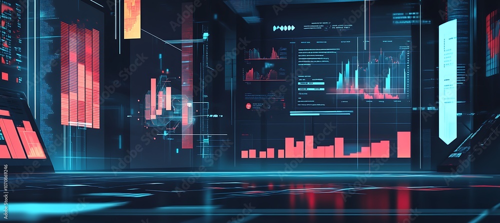 Poster a futuristic image of a digital interface with holographic business charts and graphs floating in th