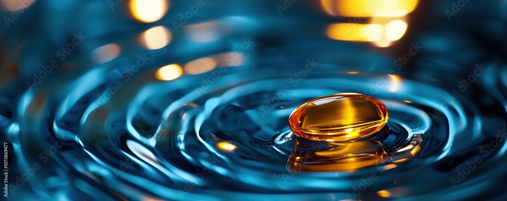 Poster a golden capsule rests on the surface of rippling blue water, creating mesmerizing reflections and c