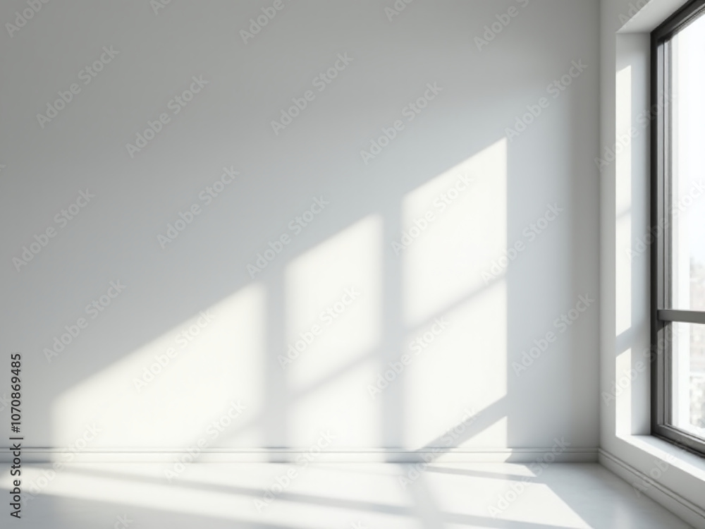 Poster a large window casts soft shadows on a pale gray wall illuminating a minimalist space with smooth wa