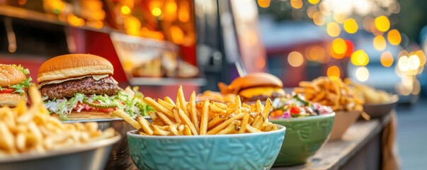 Fototapeta premium Indulge in delectable burgers and crispy fries at your favorite food truck festival this summer