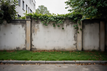 Weathered wall with climbing plants and grass in urban setting