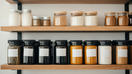 Organized inventory shelf with jars and containers for spices, grains, and liquids. neat arrangement creates clean and functional kitchen space