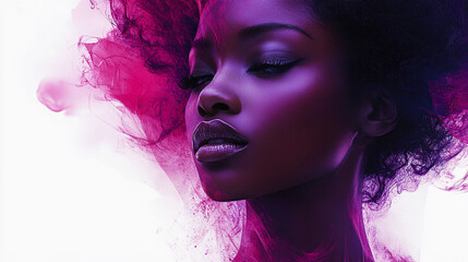 A striking portrait of a woman with vibrant purple and pink hair against a soft background