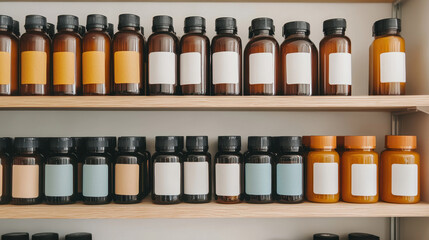 Organized inventory shelf with various glass bottles in different colors. neatly arranged bottles showcase clean and structured storage solution