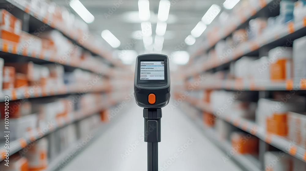 Poster close up of barcode scanner in action, showcasing its display and functionality in retail environmen