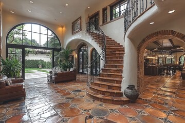 Elegant Interior with Spiral Staircase, Arched Windows, and a View of a Garden