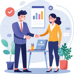 People shaking hands at work - Two businesspeople, man and woman doing handshake in office at work while smiling over business agreement and deal. Flat design stock illustration on white background