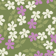 Flower garden wallpaper design vector prepared for textile printing. Seamless floral pattern with abstract hand drawn flower and leaf background elements in purple