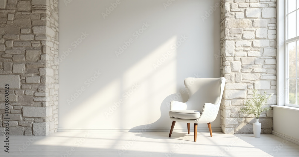 Poster a minimalist modern room with natural light and soft shadows features a simple white chair in front 