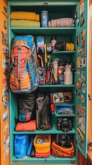 A Teal Cabinet Filled with Camping and Travel Gear