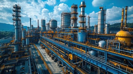 Fototapeta premium A sprawling industrial complex with towering structures, pipelines, and storage tanks, showcasing the scale and complexity of modern manufacturing.