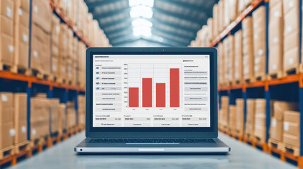 modern inventory management system displayed on laptop in warehouse, showcasing data visualization with bar graphs and storage shelves in background