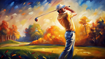 Male golf player with golf club taking a shot, colorful oil painting and palette knife on canvas