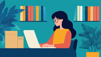 person using laptop in colorful workspace with bookshelves. scene conveys sense of productivity and creativity