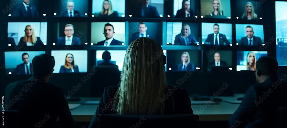 Poster a group of business professionals in a video conference call with multiple screens in the background