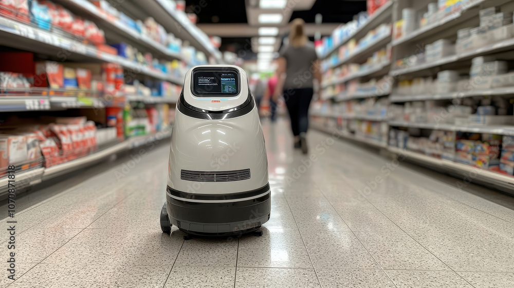 Poster robot cleaning supermarket floor, showcasing advanced technology in busy aisle. robot efficiently na