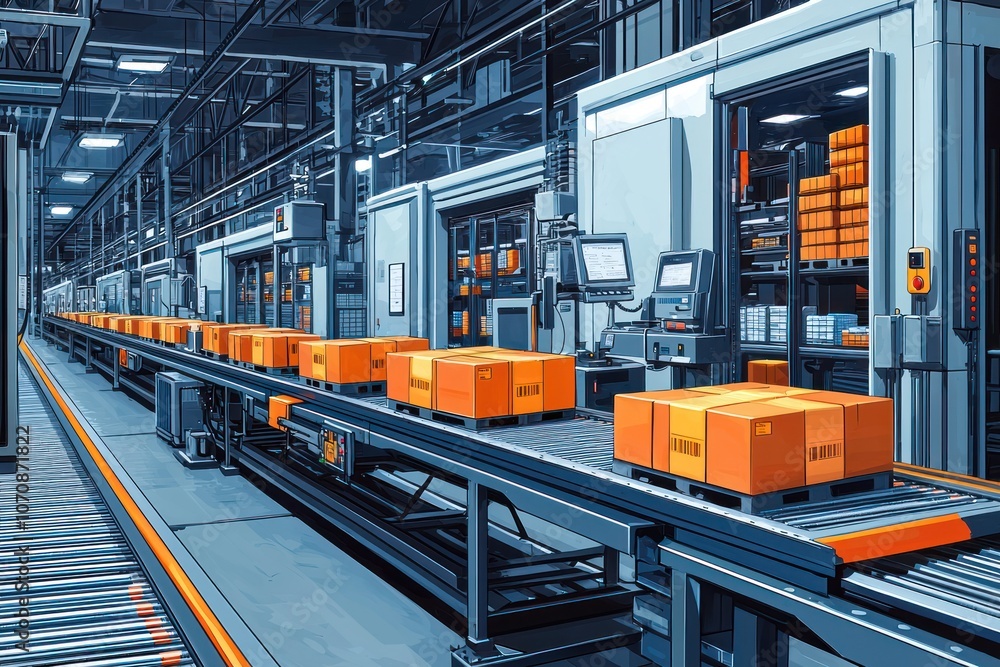 Poster Automated Package Sorting System in a Modern Warehouse