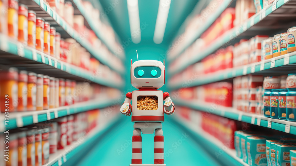 Poster robot helping child reach for cereal in grocery store aisle, showcasing friendly interaction between