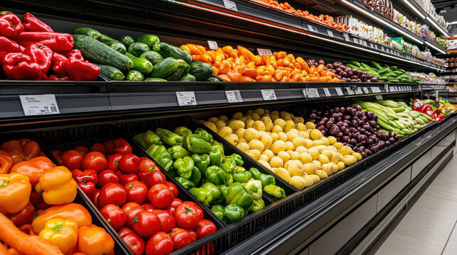 Fresh vegetables in grocery store display, featuring colorful peppers, cucumbers, and various greens, creating vibrant and healthy atmosphere