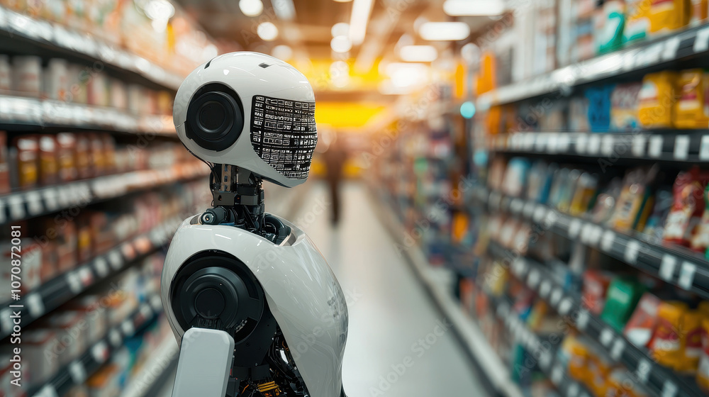 Poster robot scanning barcodes on items in supermarket aisle, showcasing advanced technology and automation