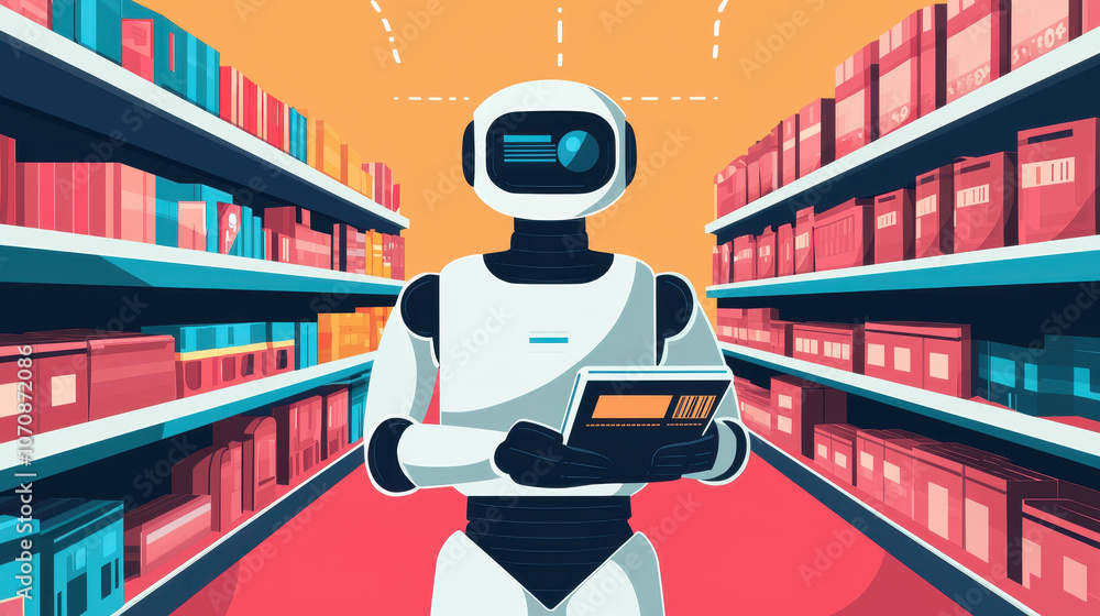 Poster robot scanning barcodes on items in colorful store aisle, showcasing advanced technology and automat