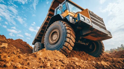 Obraz premium Heavy-duty dump truck operates on construction site to move large amounts of dirt and soil efficiently