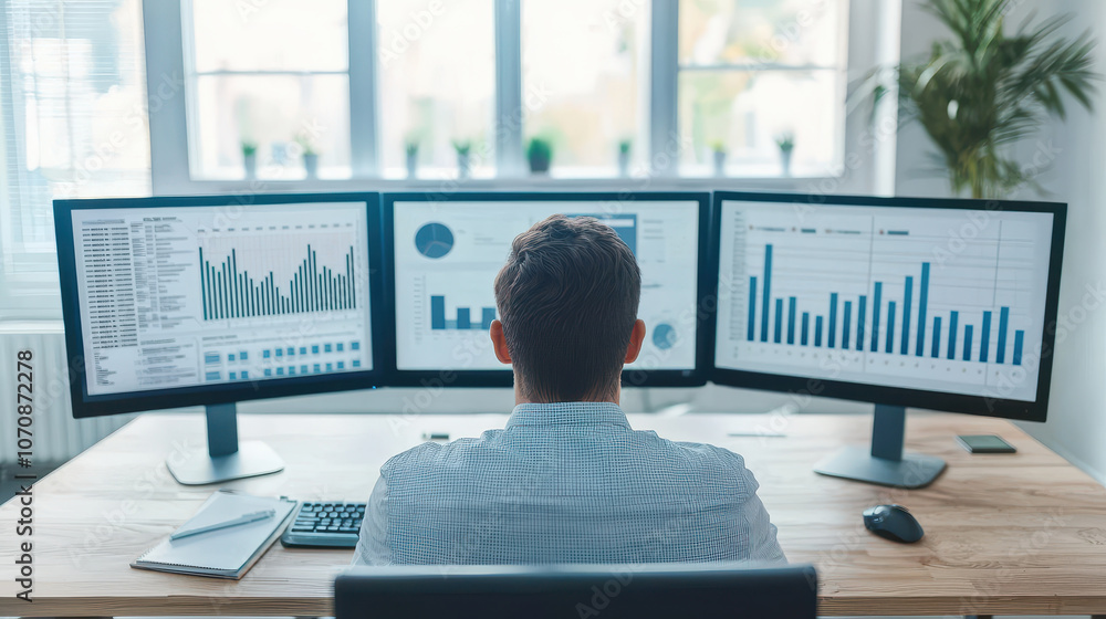 Aufkleber professional man analyzing data on multiple monitors in modern office. workspace features charts, gr
