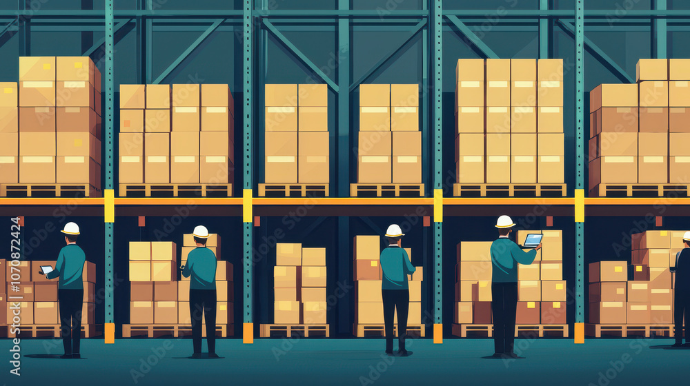 Poster efficient warehouse workers manage inventory in well organized space. they utilize technology to tra