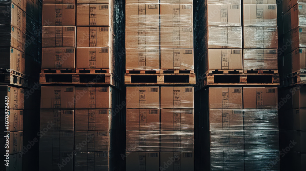Poster warehouse filled with pallets of goods, showcasing organized storage. stacked boxes are wrapped in p