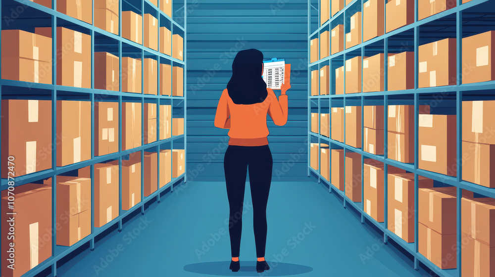 Poster warehouse worker scanning barcodes in storage area filled with boxes. organized shelves create sense