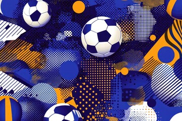 Abstract Pattern Featuring Soccer Balls and Geometric Shapes in Blue, Yellow, and White